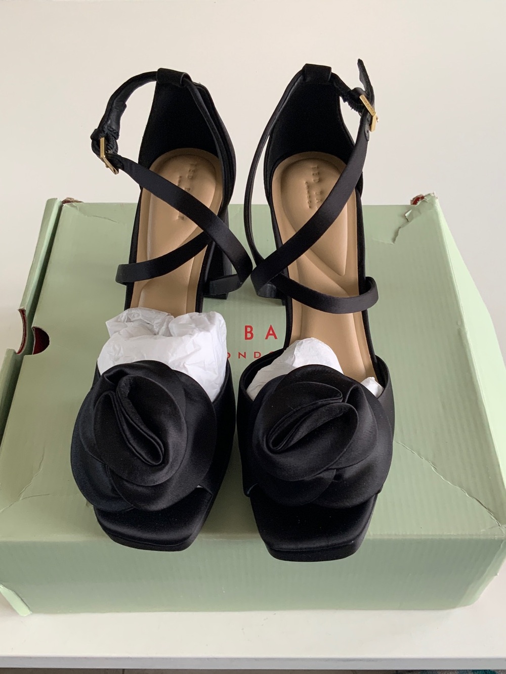 Ted Baker London Black Satin Floral Rosette Strappy Heels